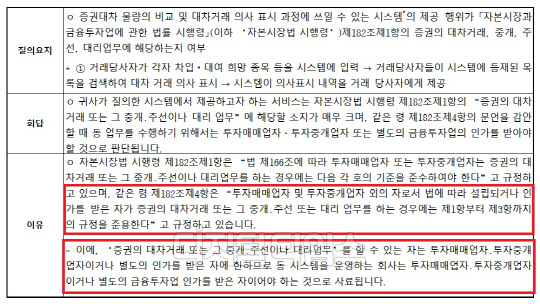 (금융위원회의 증권대차거래 시스템에 대한 법령해석 회신문, 2018.1.23)